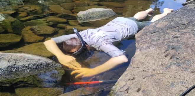 Me trying to get a good shot of an Archolaemus. Next to me, you can see the electrode we used to locate the fish. Photo by Jan Benda.